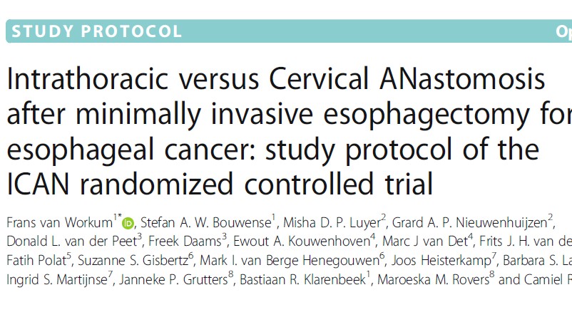 Intrathoracic versus Cervical ANastomosis after minimally invasive esophagectomy for esophageal cancer study protocol of the ICAN randomized controlled trial